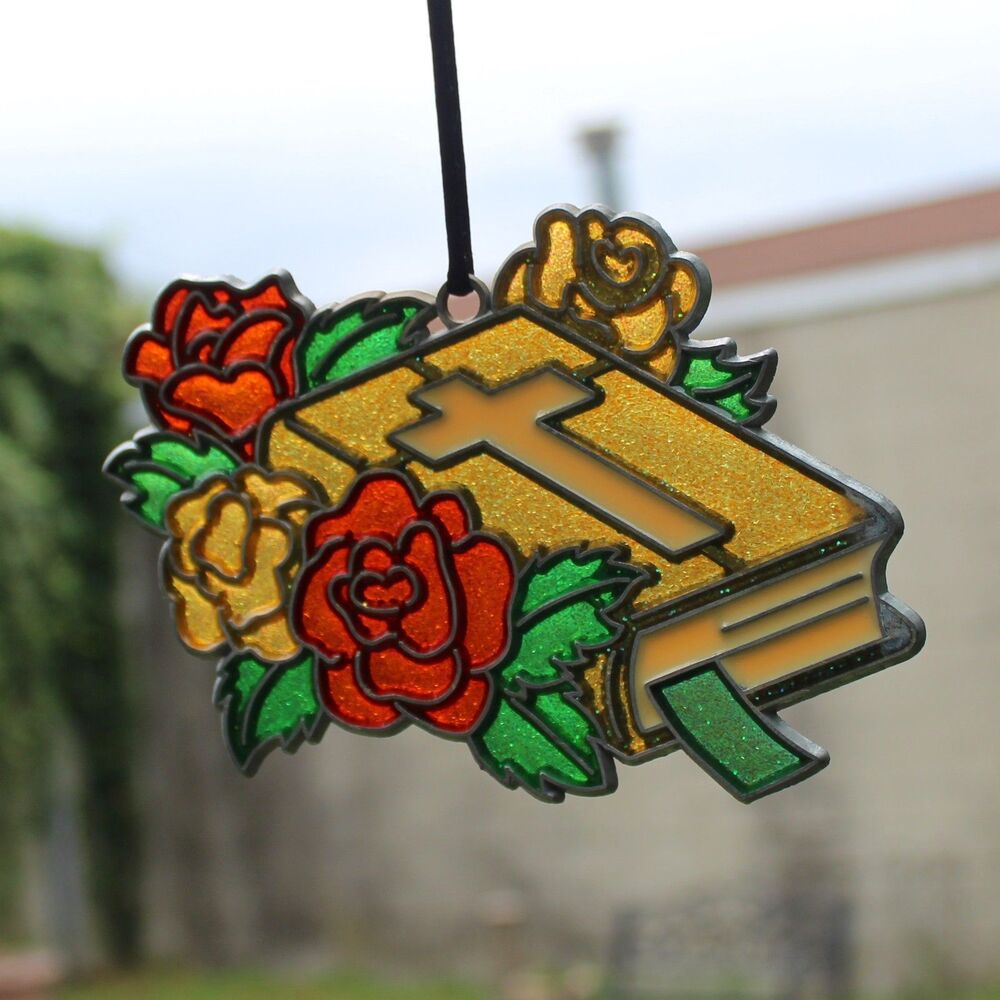 Suncatcher Bible book with Cross roses Christian decor